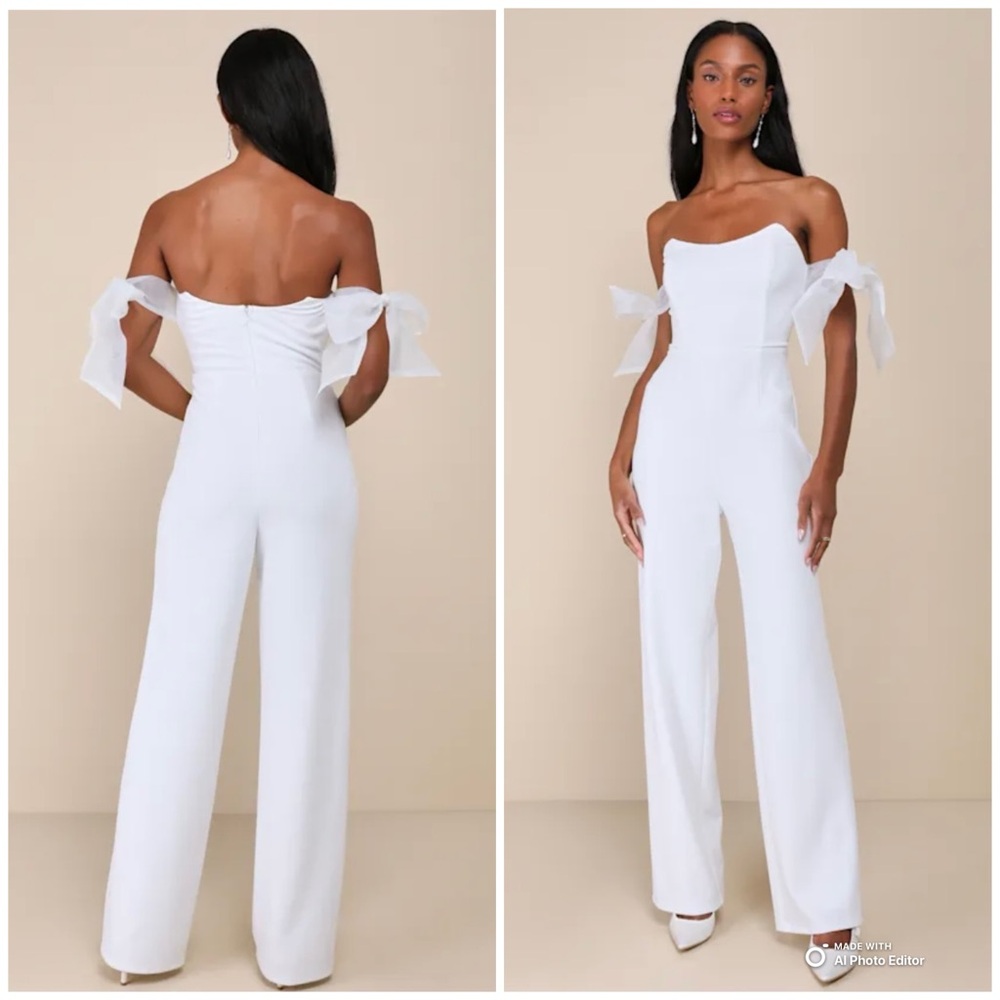 Lulus Medium Pristine Aura White Tie-Strap Off-The-Shoulder Jumpsuit NWT Bridal